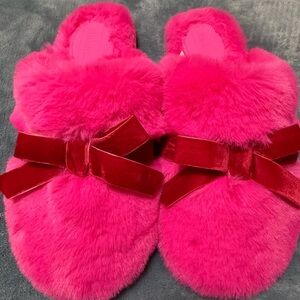 Auden Vibrant Pink Furry Slippers with Red Velvet Bow